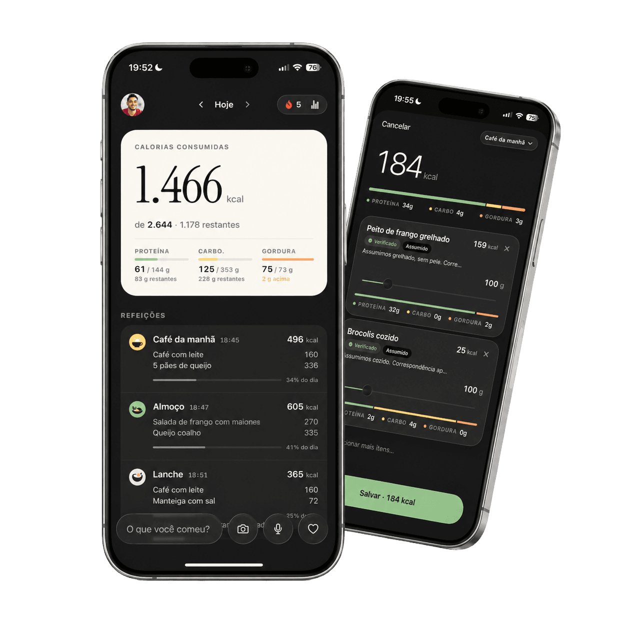 Lume app screens showing daily calorie tracking and meal editing